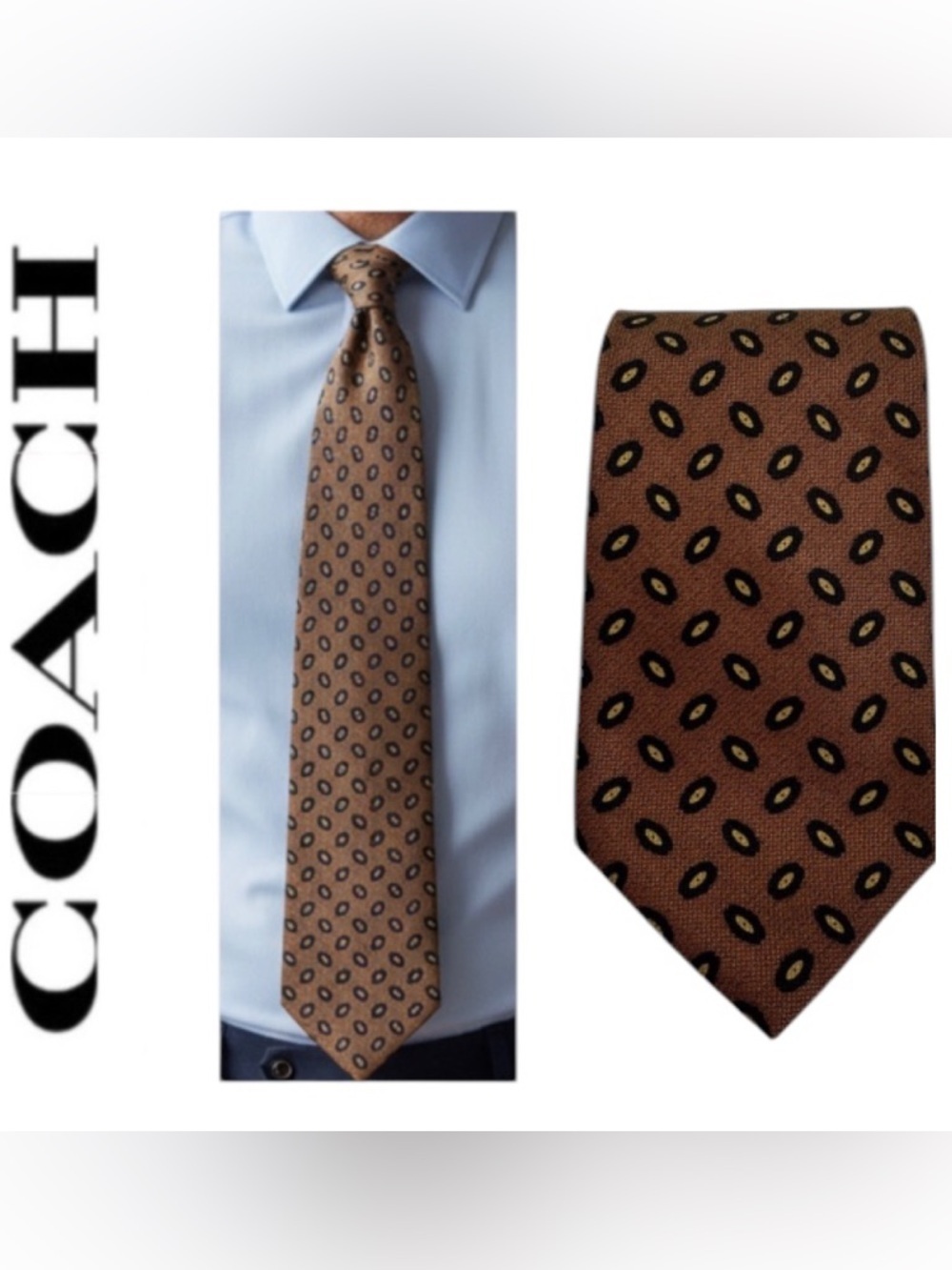 COACH Vintage Italian Silk Tie Mens Brown Geometric Oval Pattern Classic Luxury